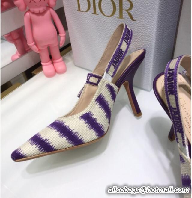 Classic Hot Dior J'Adior Slingback Pumps 9.5cm in Purple D-Stripes Embroidery 061113