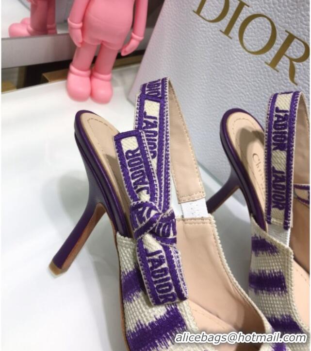 Classic Hot Dior J'Adior Slingback Pumps 9.5cm in Purple D-Stripes Embroidery 061113