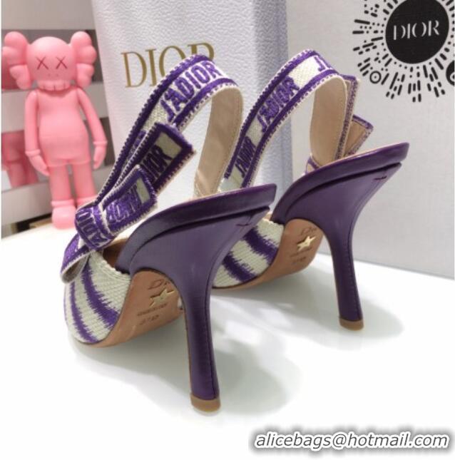 Classic Hot Dior J'Adior Slingback Pumps 9.5cm in Purple D-Stripes Embroidery 061113