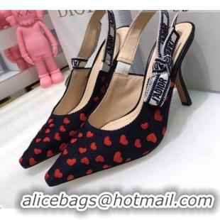 Good Product Dior J'Adior Slingback Pumps 9.5cm in Navy Blue and Red Hearts I Love Paris Embroidered Cotton 061122