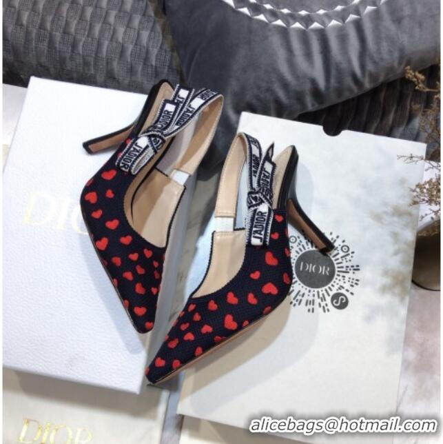 Good Product Dior J'Adior Slingback Pumps 9.5cm in Navy Blue and Red Hearts I Love Paris Embroidered Cotton 061122