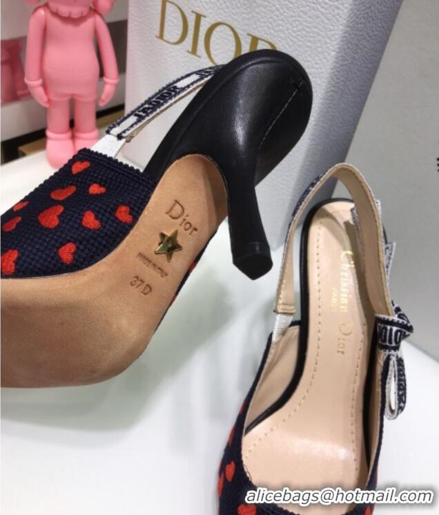 Good Product Dior J'Adior Slingback Pumps 9.5cm in Navy Blue and Red Hearts I Love Paris Embroidered Cotton 061122