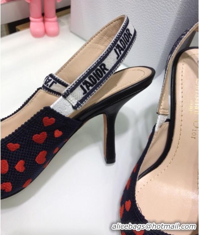 Good Product Dior J'Adior Slingback Pumps 9.5cm in Navy Blue and Red Hearts I Love Paris Embroidered Cotton 061122