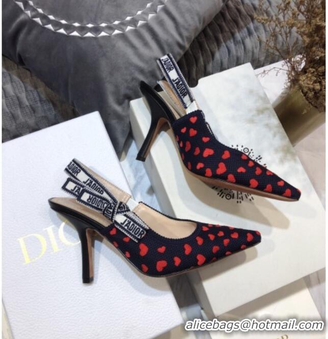 Good Product Dior J'Adior Slingback Pumps 9.5cm in Navy Blue and Red Hearts I Love Paris Embroidered Cotton 061122