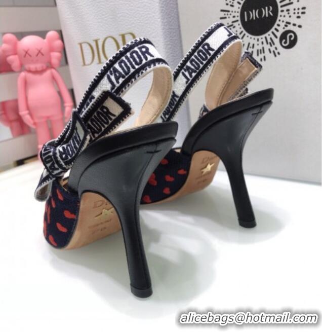 Good Product Dior J'Adior Slingback Pumps 9.5cm in Navy Blue and Red Hearts I Love Paris Embroidered Cotton 061122