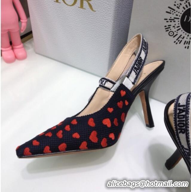 Good Product Dior J'Adior Slingback Pumps 9.5cm in Navy Blue and Red Hearts I Love Paris Embroidered Cotton 061122