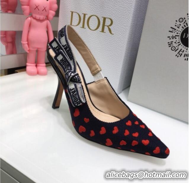 Good Product Dior J'Adior Slingback Pumps 9.5cm in Navy Blue and Red Hearts I Love Paris Embroidered Cotton 061122