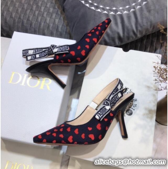 Good Product Dior J'Adior Slingback Pumps 9.5cm in Navy Blue and Red Hearts I Love Paris Embroidered Cotton 061122