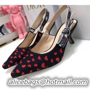 Top Design Dior J'Adior Slingback Pumps 6.5cm in Navy Blue and Red Hearts I Love Paris Embroidered Cotton 061123