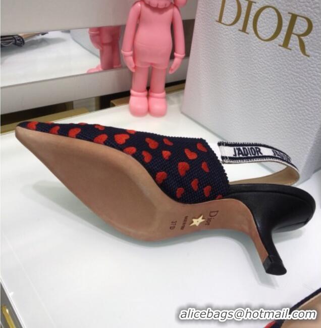 Top Design Dior J'Adior Slingback Pumps 6.5cm in Navy Blue and Red Hearts I Love Paris Embroidered Cotton 061123