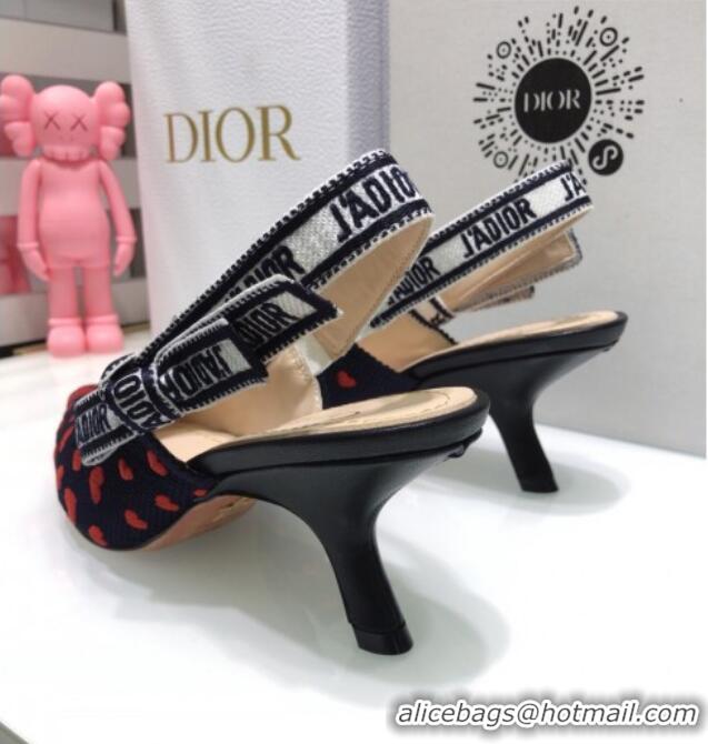 Top Design Dior J'Adior Slingback Pumps 6.5cm in Navy Blue and Red Hearts I Love Paris Embroidered Cotton 061123