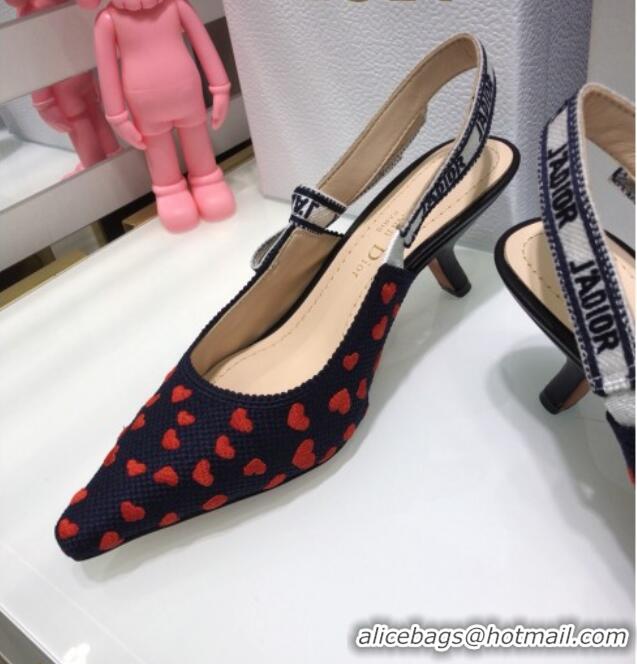 Top Design Dior J'Adior Slingback Pumps 6.5cm in Navy Blue and Red Hearts I Love Paris Embroidered Cotton 061123