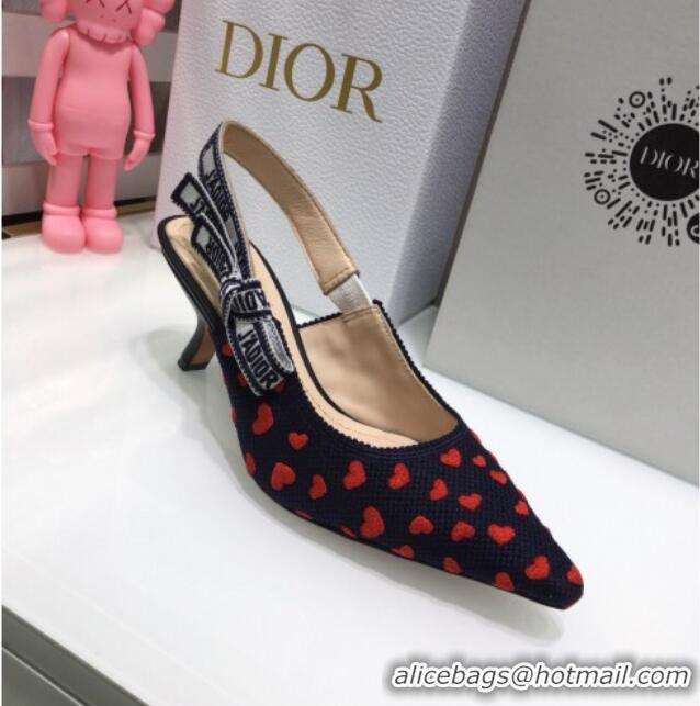 Top Design Dior J'Adior Slingback Pumps 6.5cm in Navy Blue and Red Hearts I Love Paris Embroidered Cotton 061123