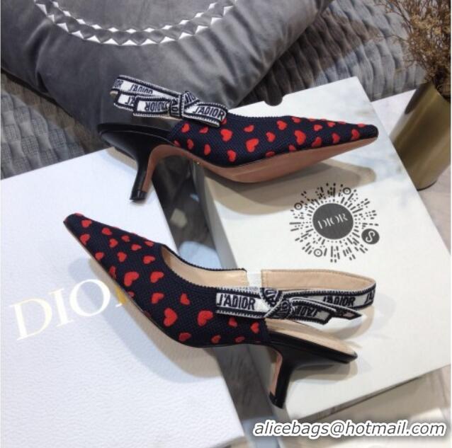 Top Design Dior J'Adior Slingback Pumps 6.5cm in Navy Blue and Red Hearts I Love Paris Embroidered Cotton 061123