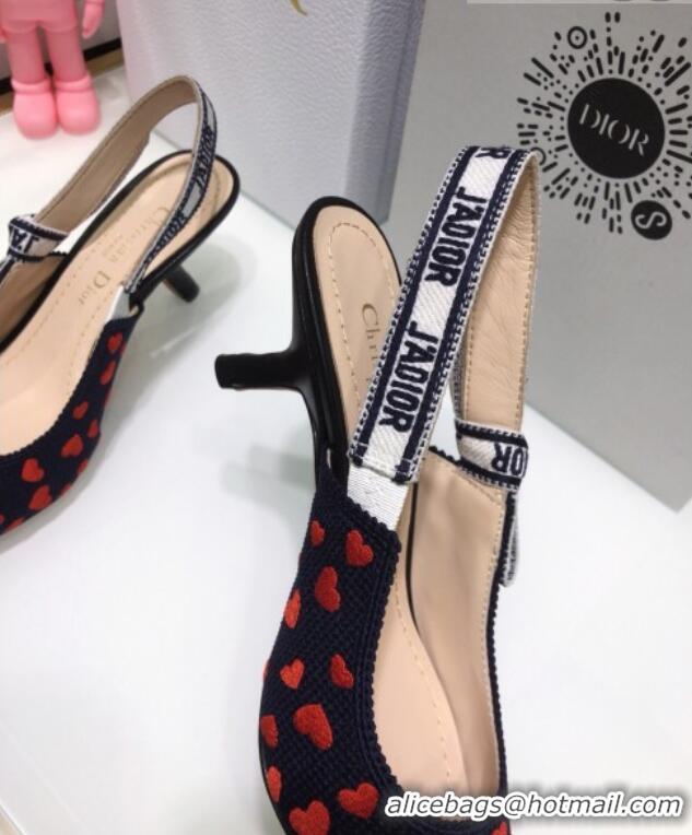 Top Design Dior J'Adior Slingback Pumps 6.5cm in Navy Blue and Red Hearts I Love Paris Embroidered Cotton 061123