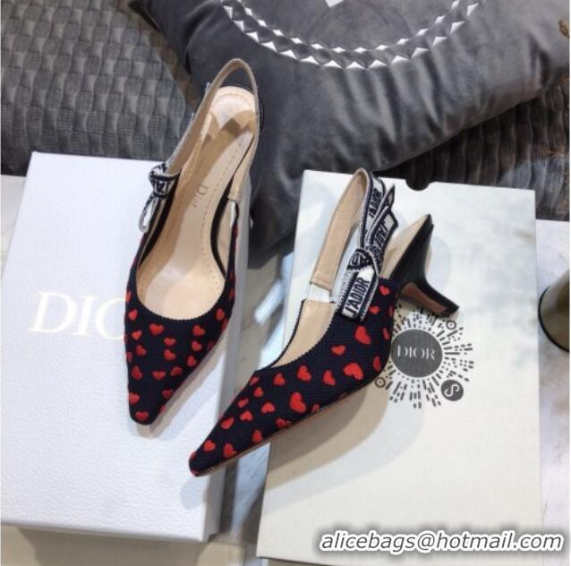 Top Design Dior J'Adior Slingback Pumps 6.5cm in Navy Blue and Red Hearts I Love Paris Embroidered Cotton 061123