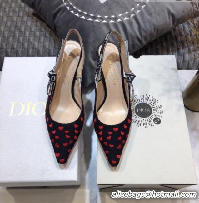 Top Design Dior J'Adior Slingback Pumps 6.5cm in Navy Blue and Red Hearts I Love Paris Embroidered Cotton 061123