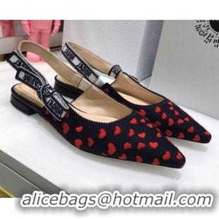 Low Price Dior J'Adior Slingback Ballerina Flat in Navy Blue and Red Hearts I Love Paris Embroidered Cotton 061124