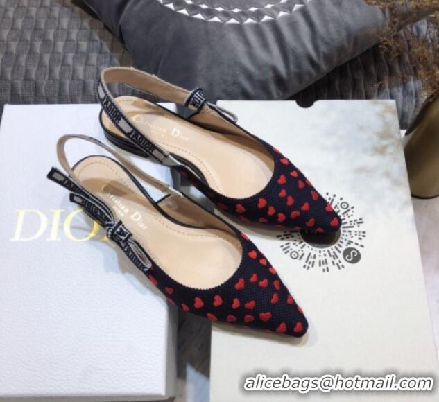 Low Price Dior J'Adior Slingback Ballerina Flat in Navy Blue and Red Hearts I Love Paris Embroidered Cotton 061124