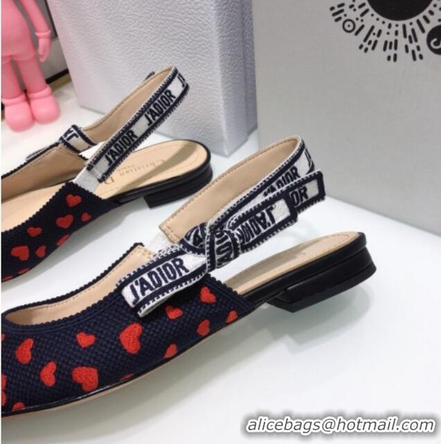 Low Price Dior J'Adior Slingback Ballerina Flat in Navy Blue and Red Hearts I Love Paris Embroidered Cotton 061124