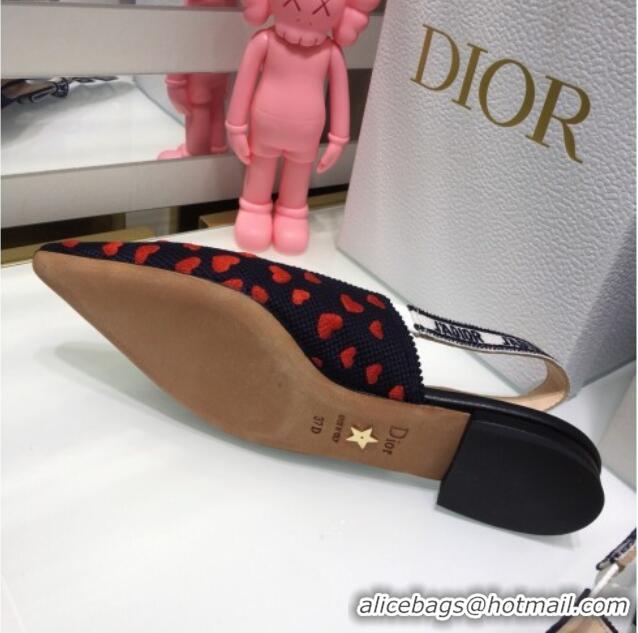 Low Price Dior J'Adior Slingback Ballerina Flat in Navy Blue and Red Hearts I Love Paris Embroidered Cotton 061124