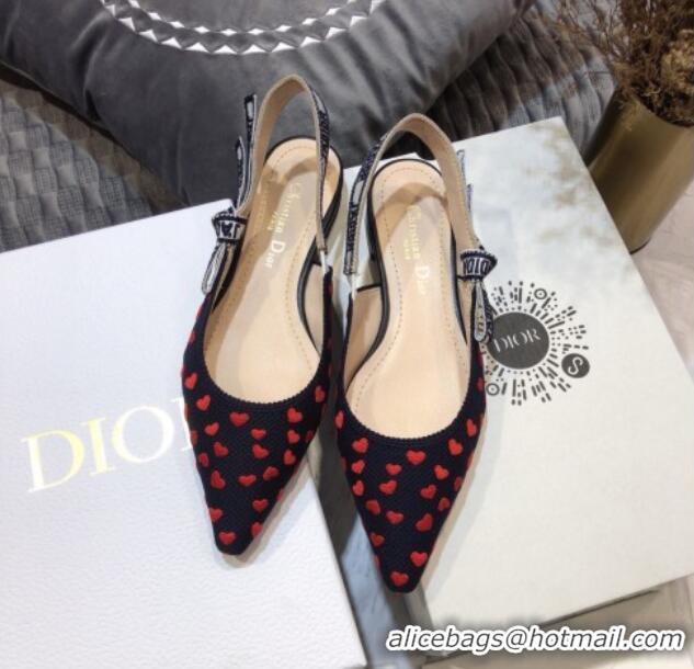 Low Price Dior J'Adior Slingback Ballerina Flat in Navy Blue and Red Hearts I Love Paris Embroidered Cotton 061124