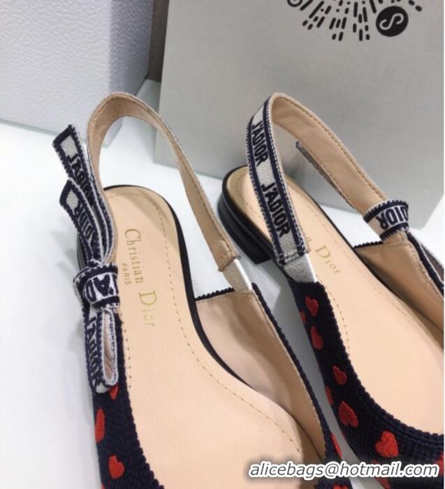 Low Price Dior J'Adior Slingback Ballerina Flat in Navy Blue and Red Hearts I Love Paris Embroidered Cotton 061124