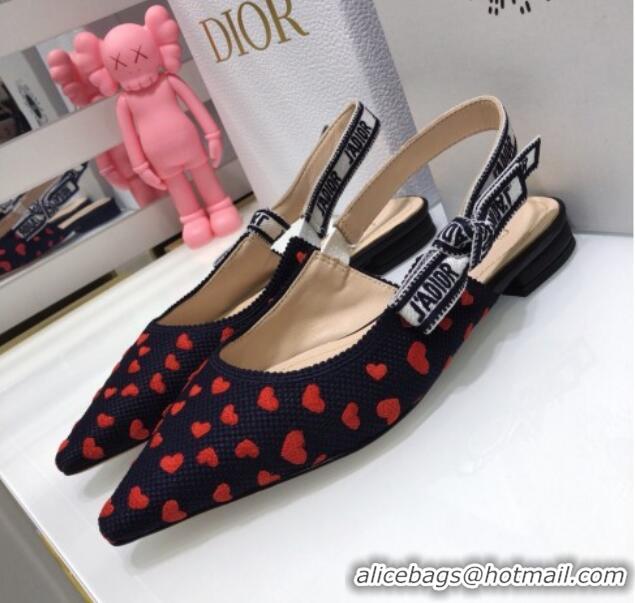 Low Price Dior J'Adior Slingback Ballerina Flat in Navy Blue and Red Hearts I Love Paris Embroidered Cotton 061124