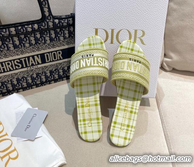 Good Looking Dior Dway Flat Slide Sandals in Lime Green Check'n'Dior Embroidered Cotton 061126