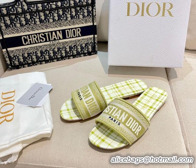 Good Looking Dior Dway Flat Slide Sandals in Lime Green Check'n'Dior Embroidered Cotton 061126