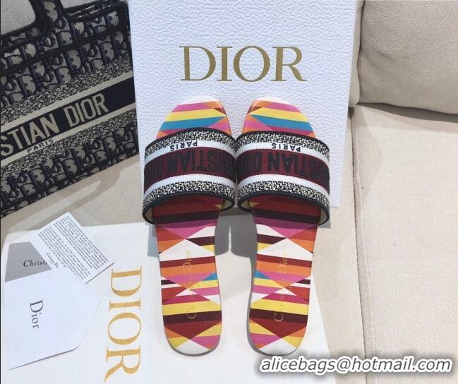 Best Product Dior Dway Flat Slide Sandals in Multicolor Patchwork Embroidered Cotton 061128