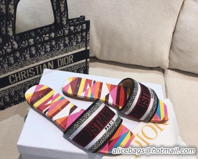 Best Product Dior Dway Flat Slide Sandals in Multicolor Patchwork Embroidered Cotton 061128