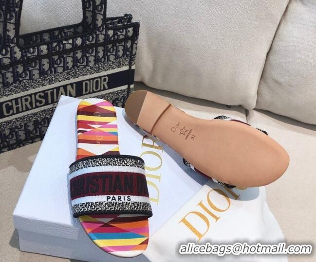 Best Product Dior Dway Flat Slide Sandals in Multicolor Patchwork Embroidered Cotton 061128