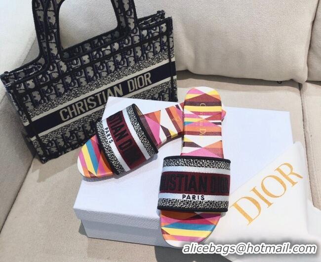 Best Product Dior Dway Flat Slide Sandals in Multicolor Patchwork Embroidered Cotton 061128