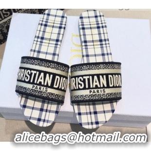 Lowest Price Dior Dway Flat Slide Sandals in French Blue Check'n'Dior Embroidered Cotton 061129