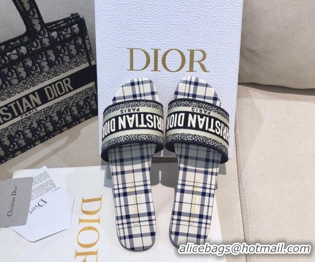 Lowest Price Dior Dway Flat Slide Sandals in French Blue Check'n'Dior Embroidered Cotton 061129