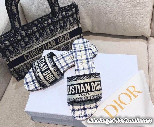 Lowest Price Dior Dway Flat Slide Sandals in French Blue Check'n'Dior Embroidered Cotton 061129