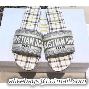 Top Quality Dior Dway Flat Slide Sandals in Grey Check'n'Dior Embroidered Cotton 061130