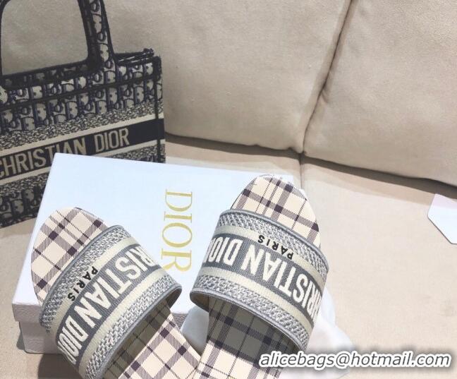 Top Quality Dior Dway Flat Slide Sandals in Grey Check'n'Dior Embroidered Cotton 061130