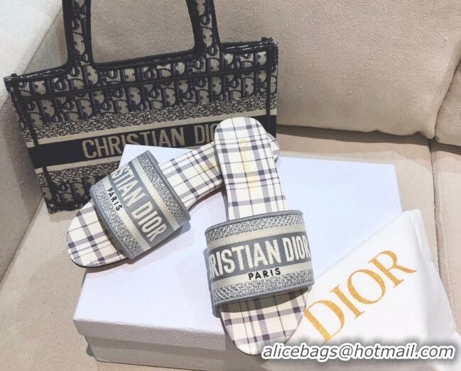 Top Quality Dior Dway Flat Slide Sandals in Grey Check'n'Dior Embroidered Cotton 061130