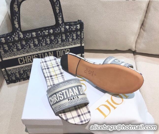 Top Quality Dior Dway Flat Slide Sandals in Grey Check'n'Dior Embroidered Cotton 061130