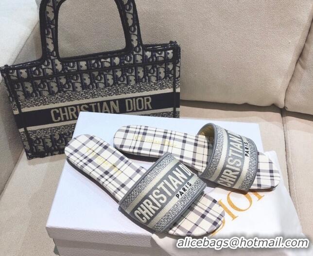 Top Quality Dior Dway Flat Slide Sandals in Grey Check'n'Dior Embroidered Cotton 061130