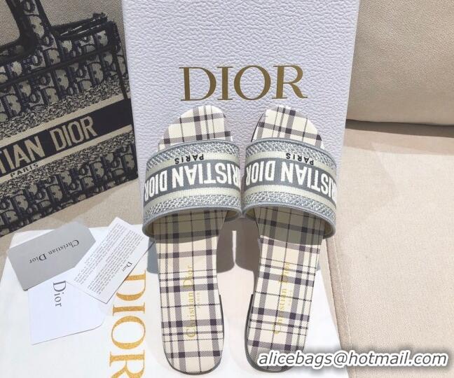 Top Quality Dior Dway Flat Slide Sandals in Grey Check'n'Dior Embroidered Cotton 061130