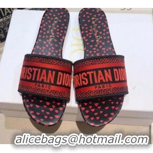 Low Price Dior Dway Flat Slide Sandals in Navy Blue and Red Hearts I Love Paris Embroidered Cotton 061131