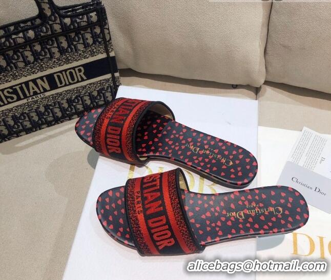 Low Price Dior Dway Flat Slide Sandals in Navy Blue and Red Hearts I Love Paris Embroidered Cotton 061131