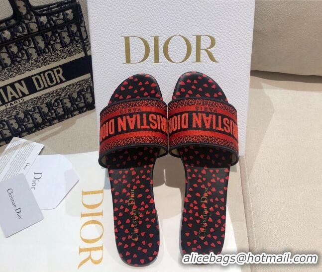 Low Price Dior Dway Flat Slide Sandals in Navy Blue and Red Hearts I Love Paris Embroidered Cotton 061131