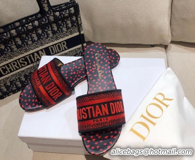 Low Price Dior Dway Flat Slide Sandals in Navy Blue and Red Hearts I Love Paris Embroidered Cotton 061131