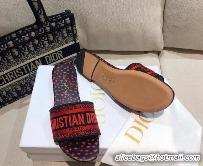 Low Price Dior Dway Flat Slide Sandals in Navy Blue and Red Hearts I Love Paris Embroidered Cotton 061131