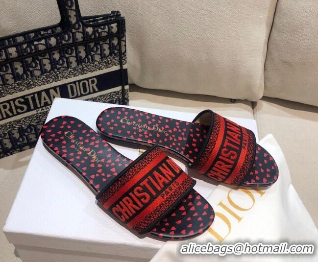 Low Price Dior Dway Flat Slide Sandals in Navy Blue and Red Hearts I Love Paris Embroidered Cotton 061131