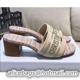 Good Quality Dior Dway Heeled Slide Sandals in Multicolor Stripes Embroidered Cotton 061132